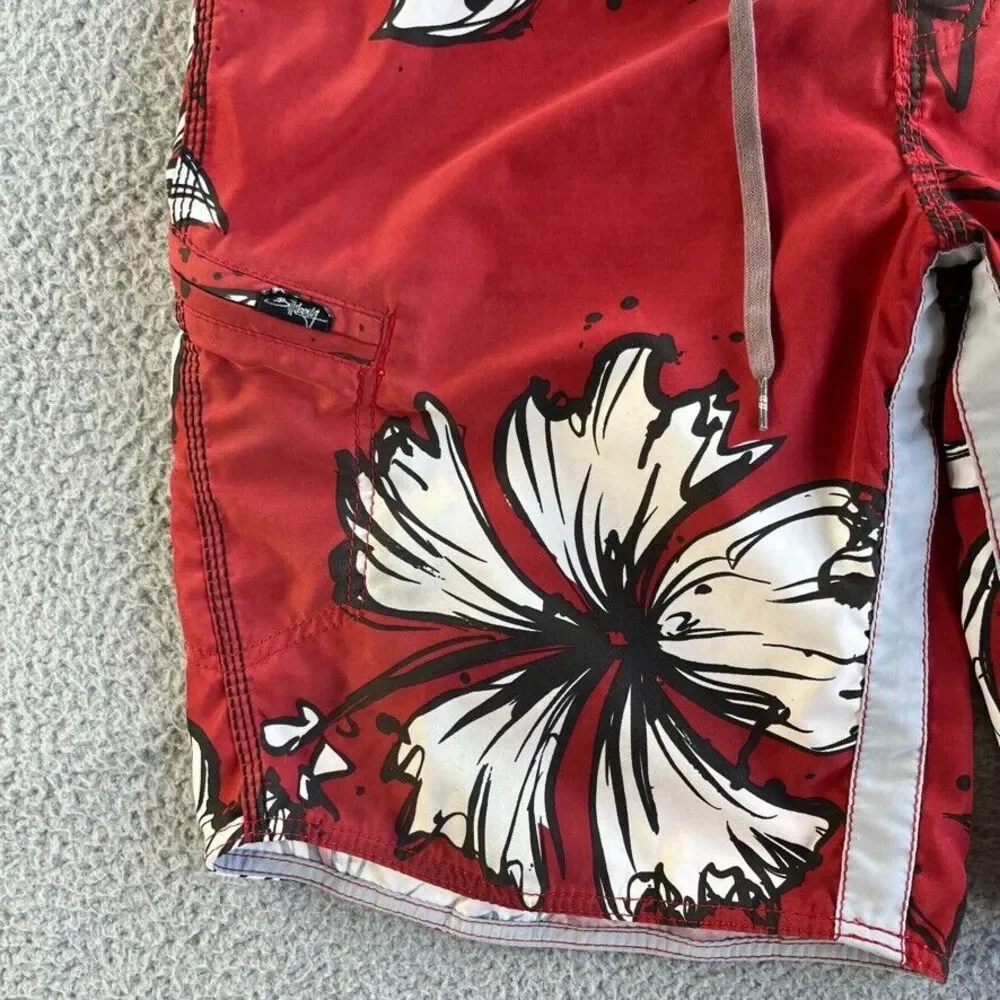 Vintage Billabong Board Shorts Mens 32 Red Swim Trunks Floral Beach Surf‎ Aloha